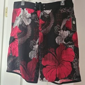 Micros Red and Black Floral Board Shorts NWT Size 34